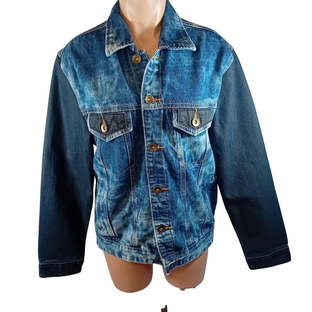 90s Men Agile Denim Acid Mixed Wash Color Block Denim Jacket Grunge Indie M READ